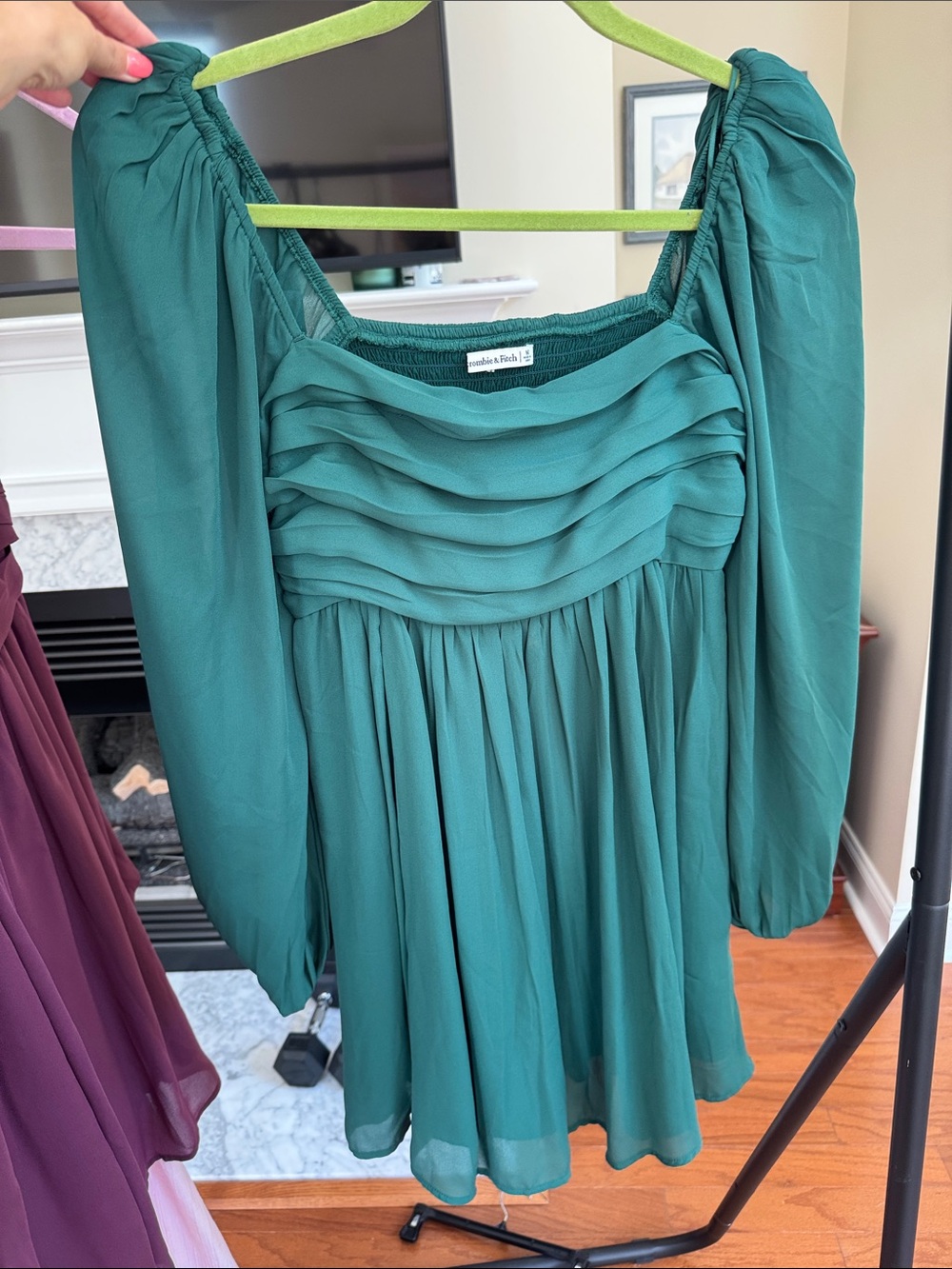 Green Pleated Chiffon Mini Dress With Pockets